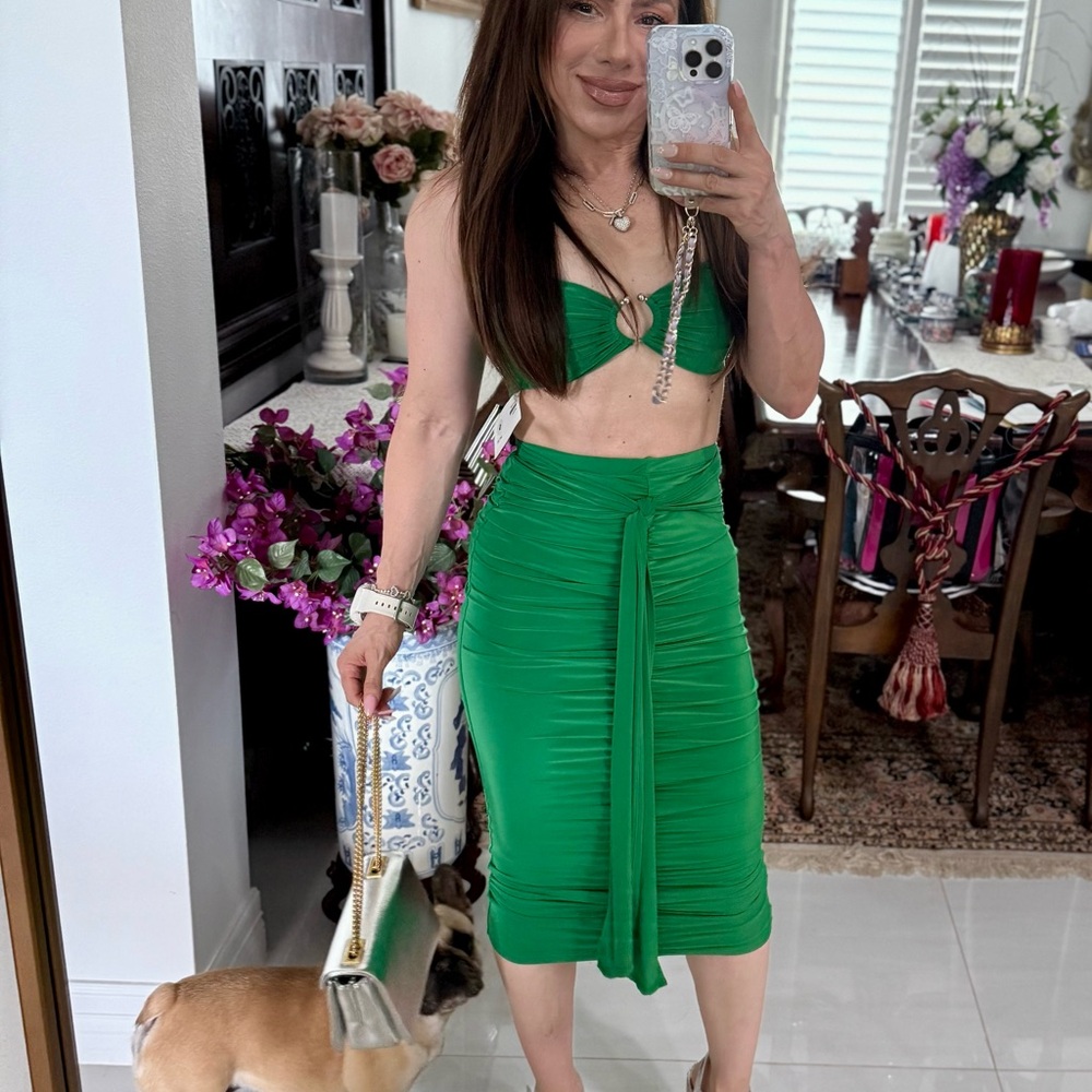 Green Ruched Midi Skirt and Halter Top